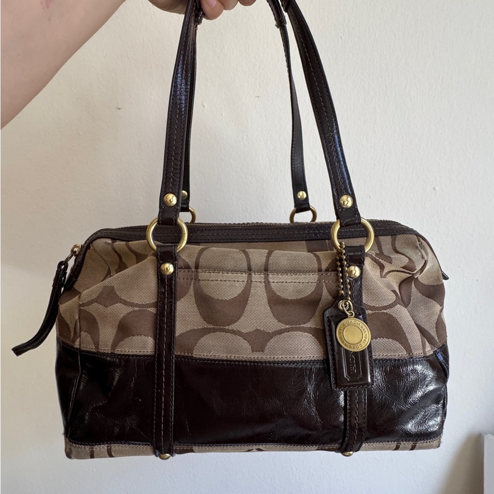 Coach Brown Satchel with Signature Monogram and Gold Hardware
